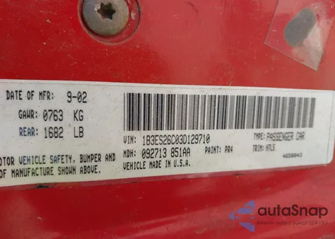 2003 Dodge Neon Se z USA, uszkodzony, nr VIN 1B3ES26C03D129810